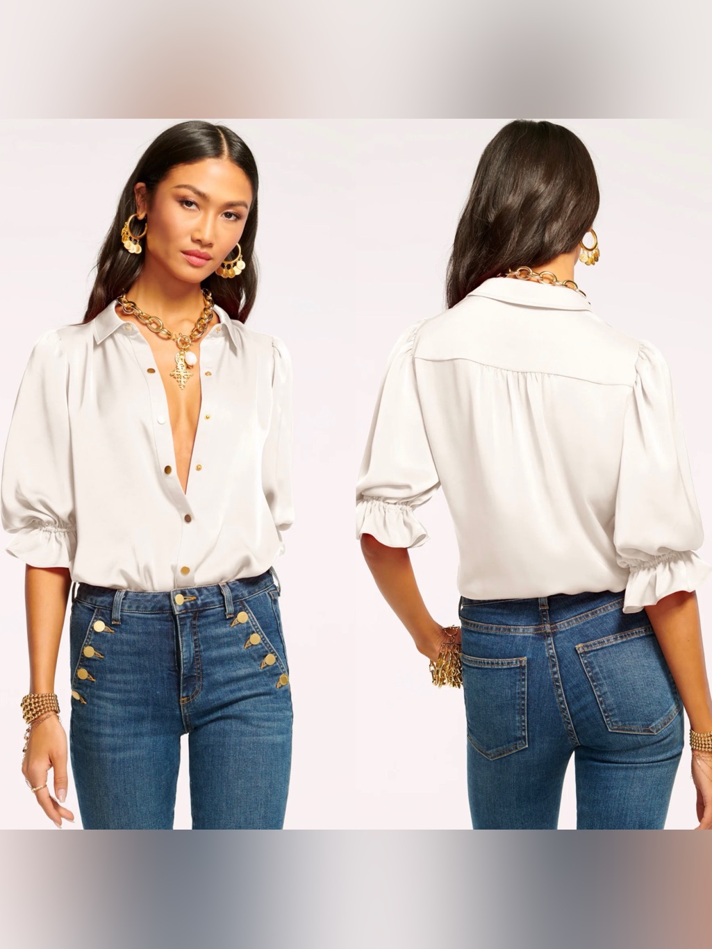 Ramy Brook Dina Button Down Bodysuit Satin Blouse In Ivory